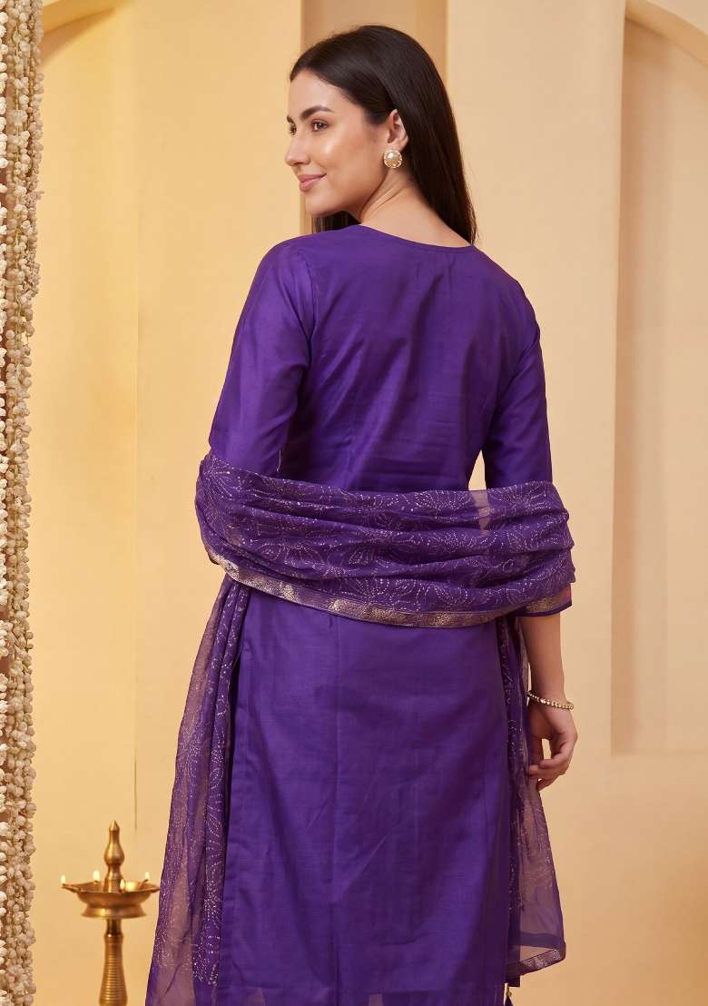 Purple Printed Silk Kurta Set - Indya