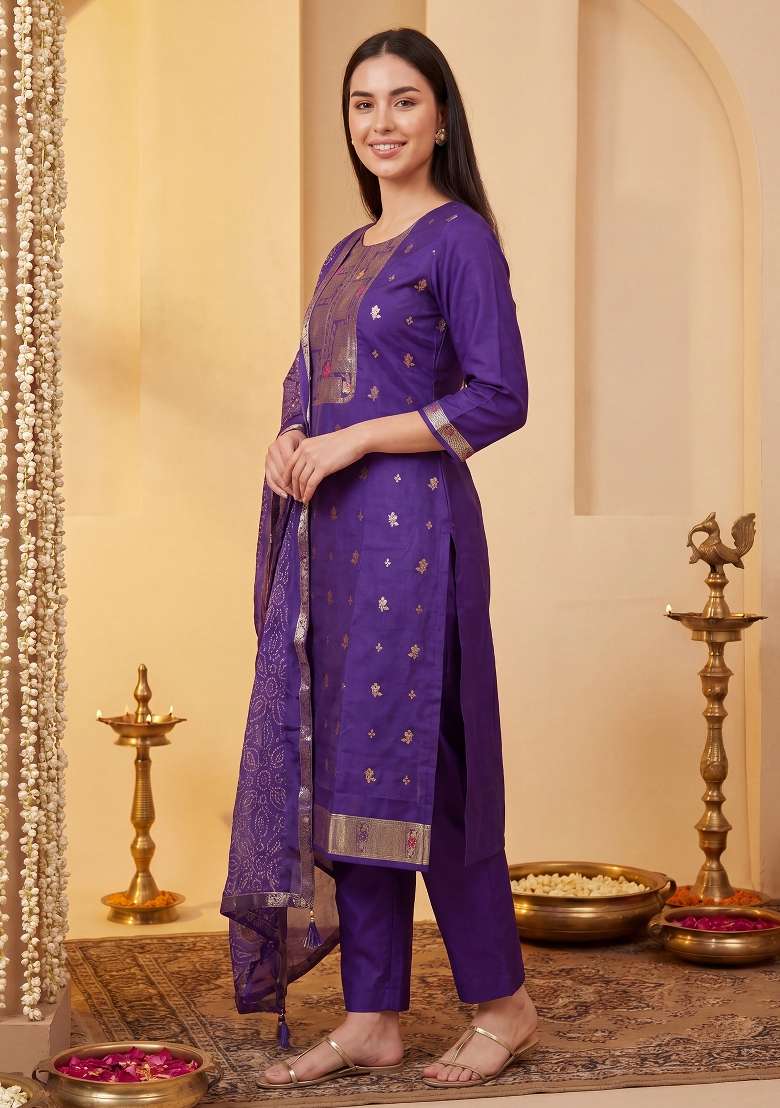 Purple Printed Silk Kurta Set - Indya