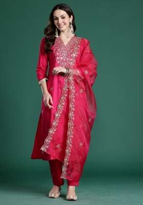 Pink Embroidery Silk Kurta Set