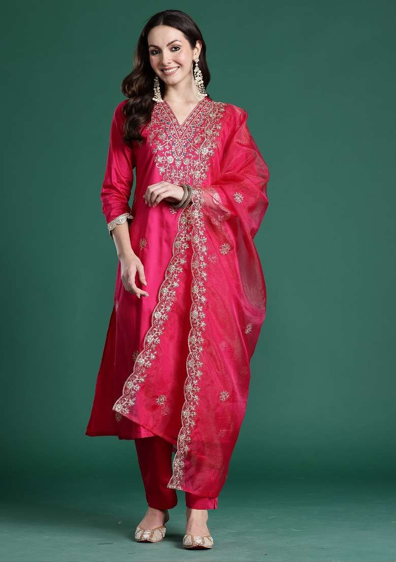 Pink Embroidery Silk Kurta Set - Indya