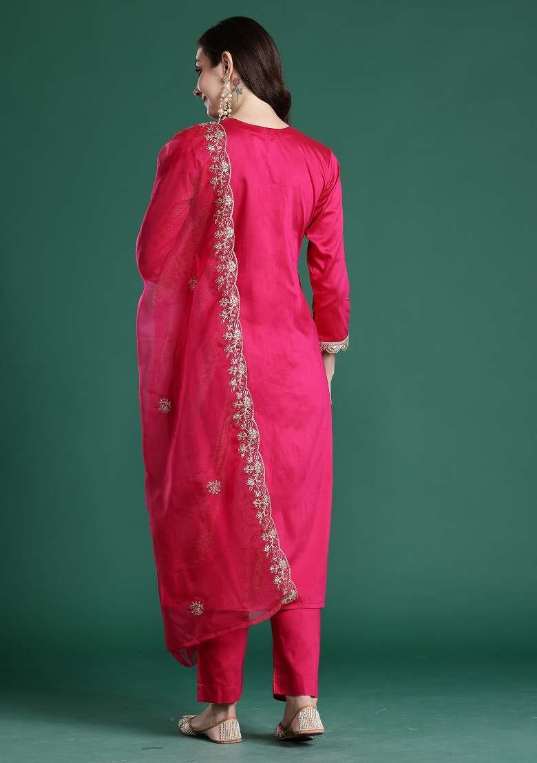 Pink Embroidery Silk Kurta Set - Indya