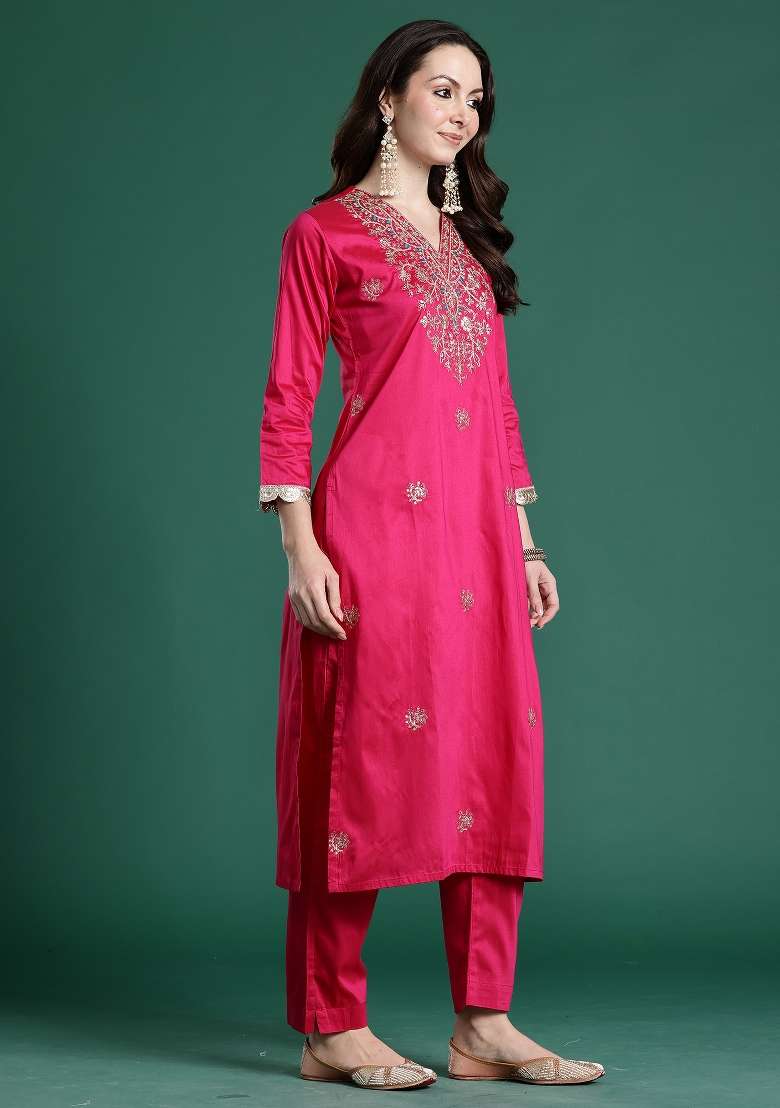 Pink Embroidery Silk Kurta Set - Indya