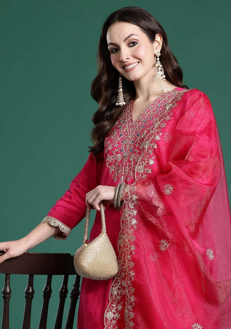 Pink Embroidery Silk Kurta Set - Indya