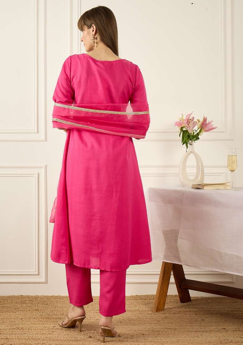 Pink Self Design Cotton Kurta Set - Indya