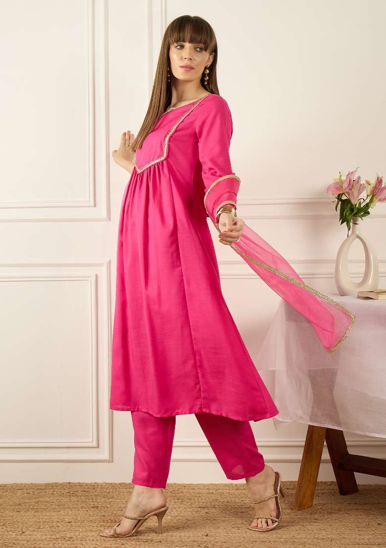 Pink Self Design Cotton Kurta Set - Indya