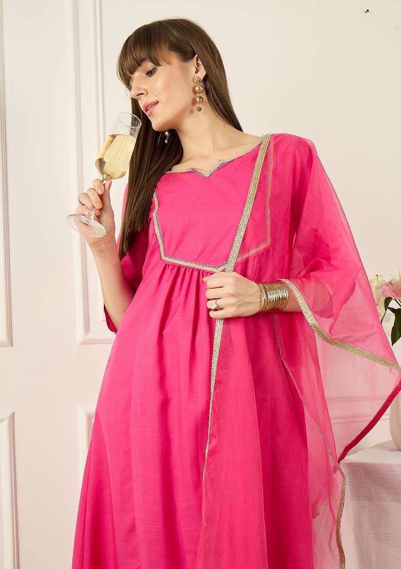 Pink Self Design Cotton Kurta Set - Indya