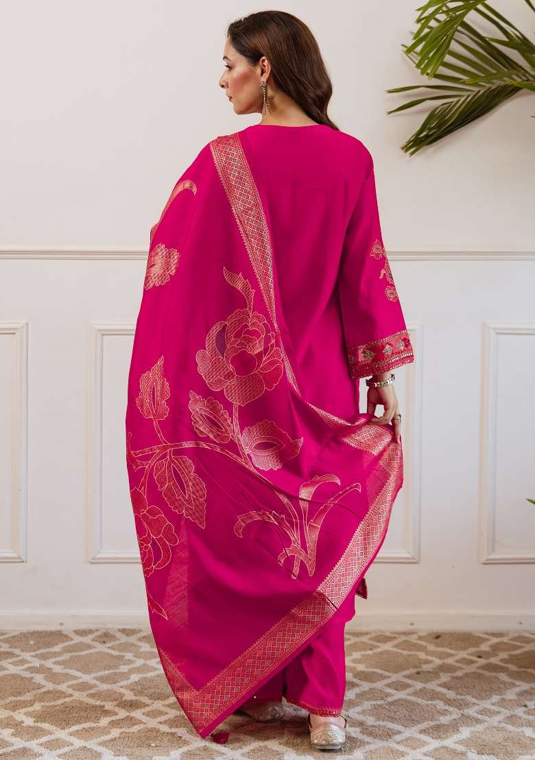 Pink Embroidery Silk Kurta Set - Indya