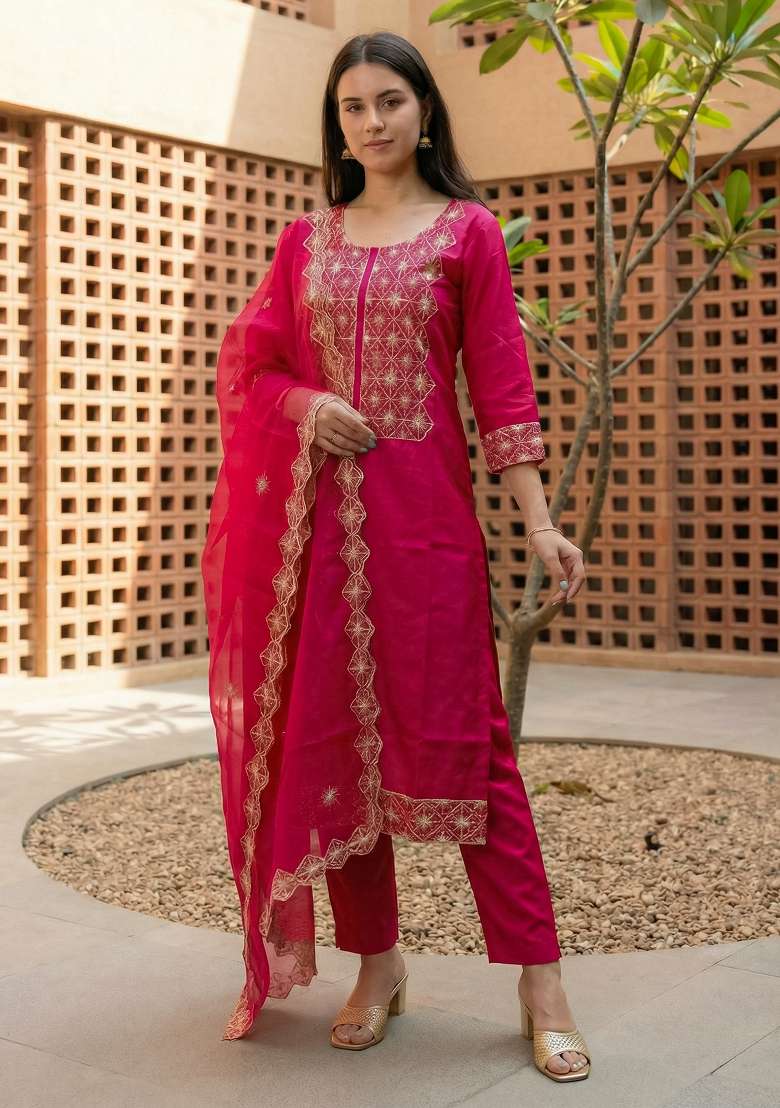 Pink Embroidery Silk Kurta Set - Indya