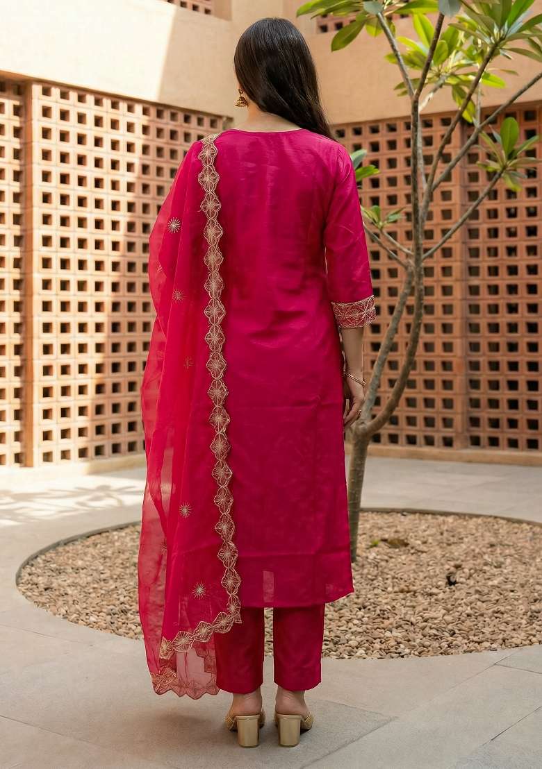 Pink Embroidery Silk Kurta Set - Indya