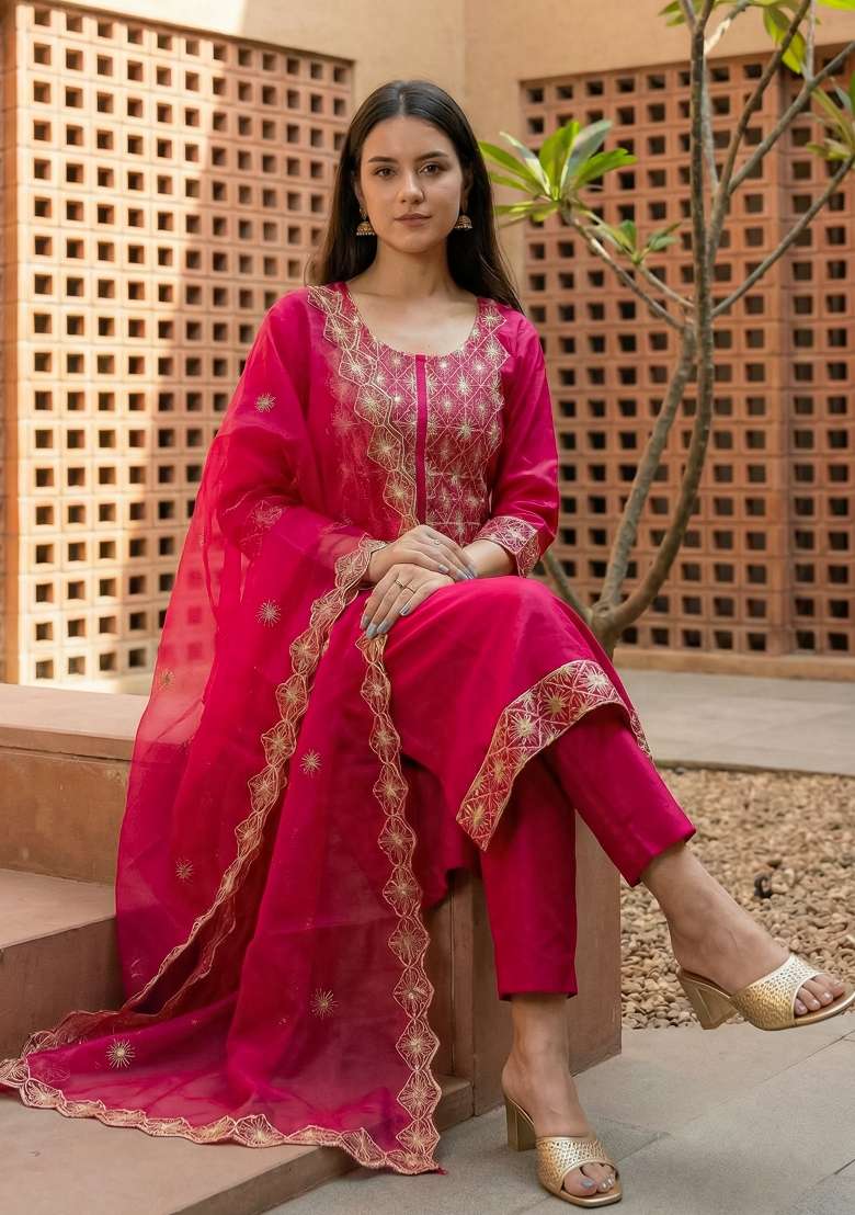 Pink Embroidery Silk Kurta Set - Indya