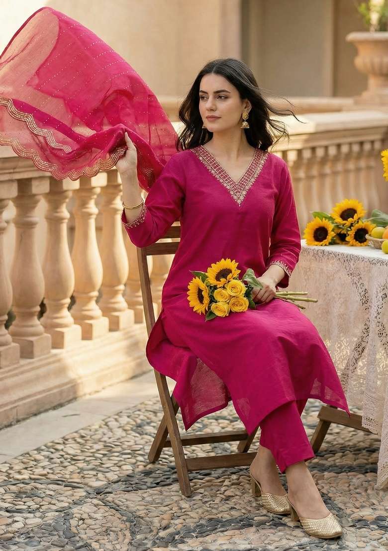 Pink Embroidery Silk Kurta Set - Indya