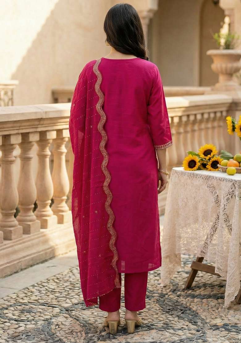 Pink Embroidery Silk Kurta Set - Indya