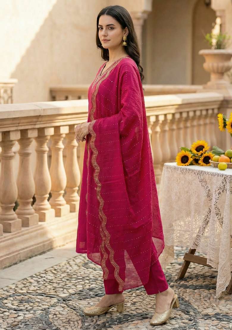 Pink Embroidery Silk Kurta Set - Indya