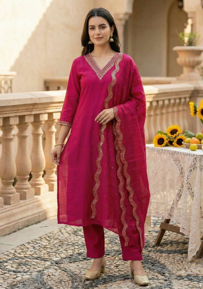 Pink Embroidery Silk Kurta Set - Indya