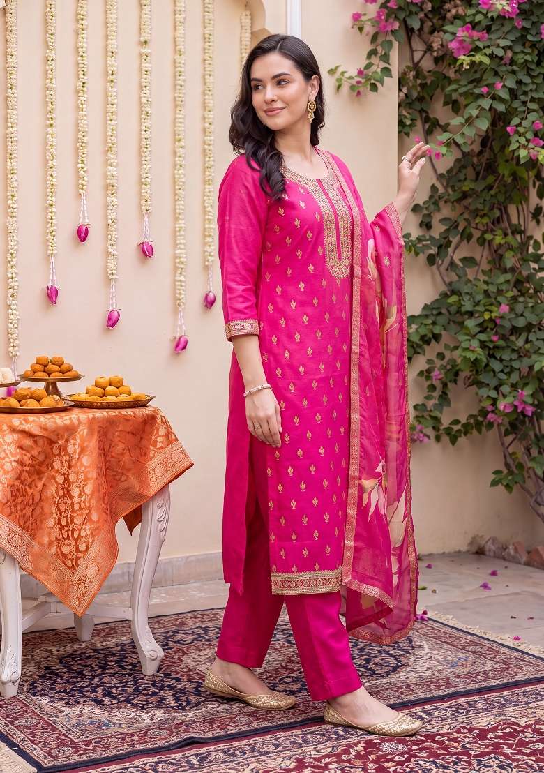 Pink Embroidery Silk Kurta Set - Indya