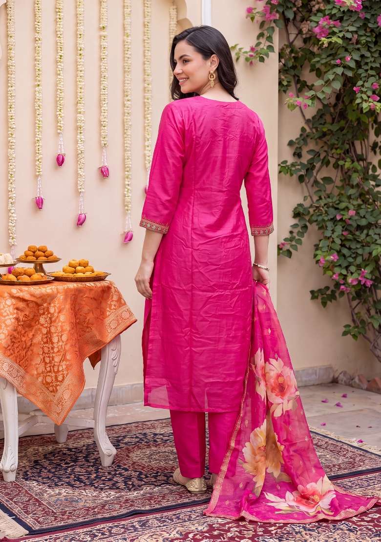 Pink Embroidery Silk Kurta Set - Indya