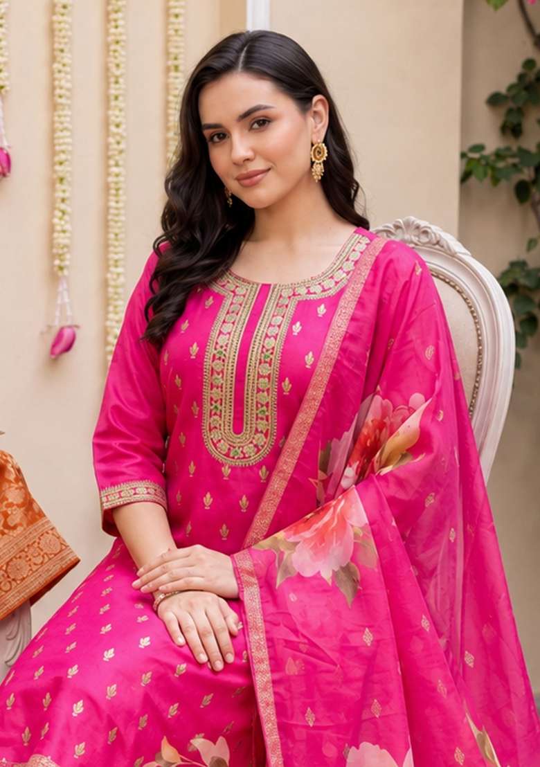 Pink Embroidery Silk Kurta Set - Indya
