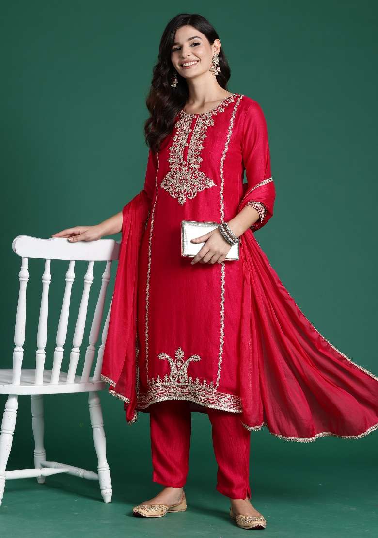 Magenta Embroidery Silk Kurta Set - Indya