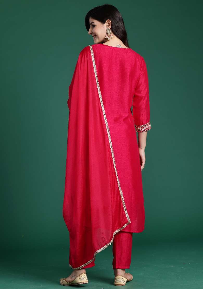 Magenta Embroidery Silk Kurta Set - Indya