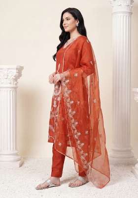 Orange Embroidery Silk Kurta Set