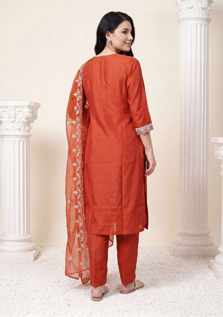 Orange Embroidery Silk Kurta Set - Indya