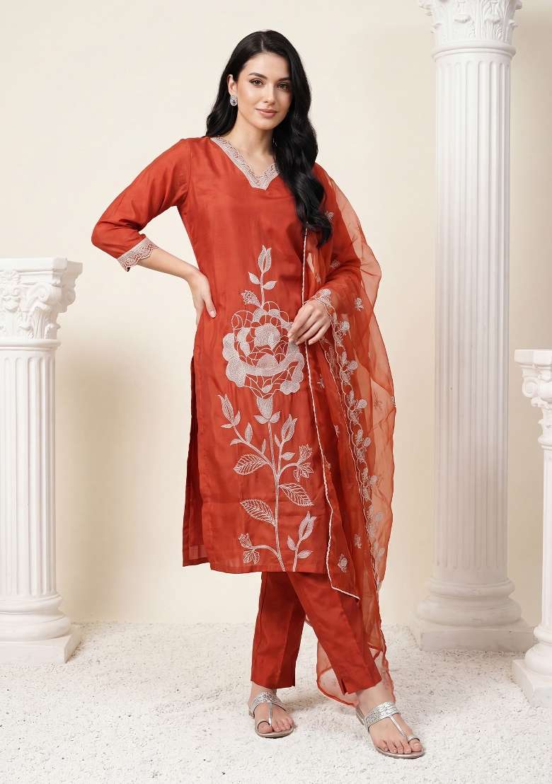 Orange Embroidery Silk Kurta Set - Indya
