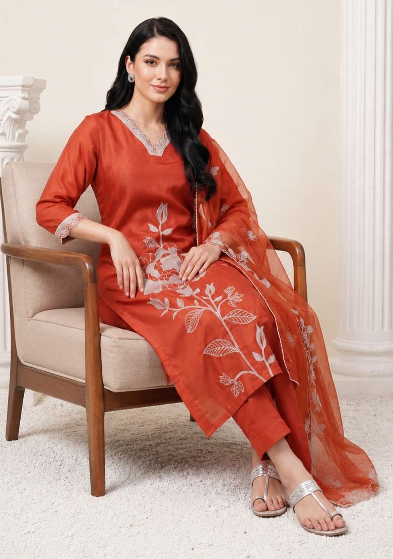Orange Embroidery Silk Kurta Set - Indya