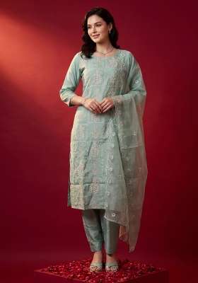 Sea Green Embroidery Silk Kurta Set