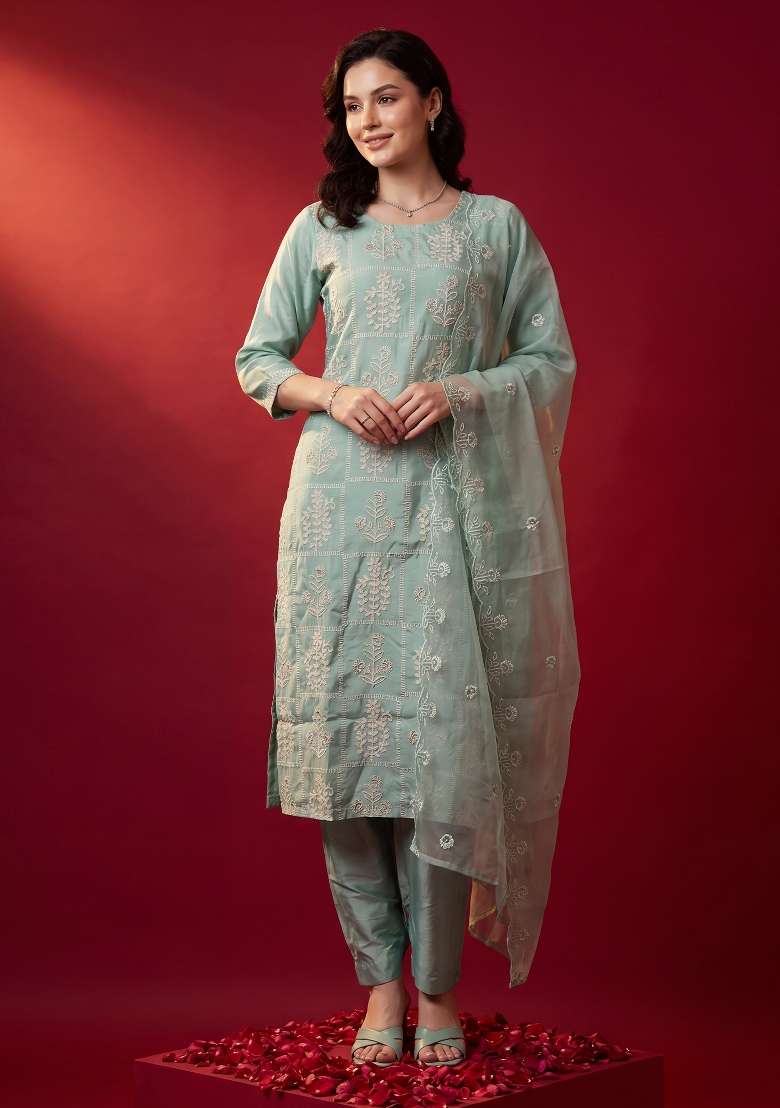 Sea Green Embroidery Silk Kurta Set - Indya