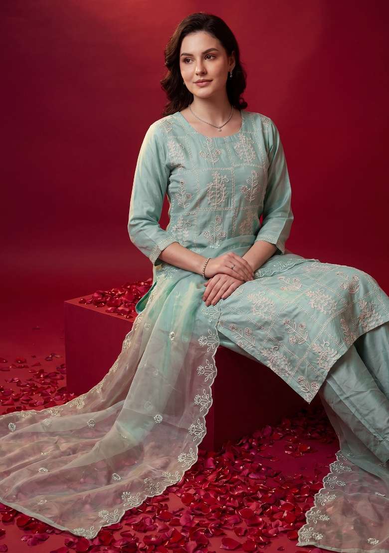 Sea Green Embroidery Silk Kurta Set - Indya