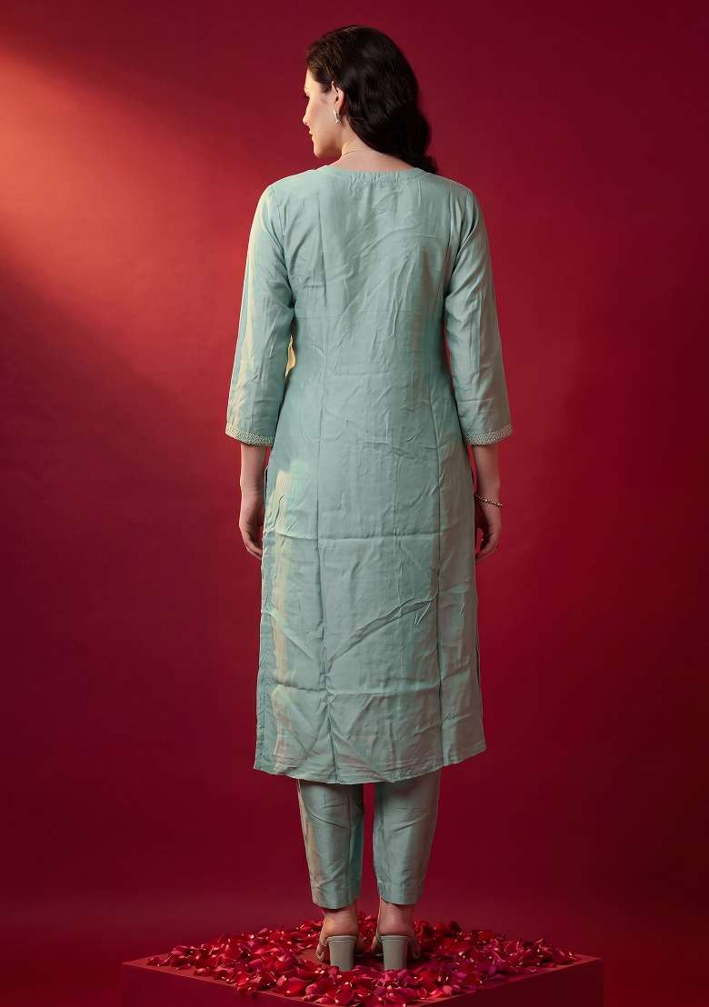 Sea Green Embroidery Silk Kurta Set - Indya