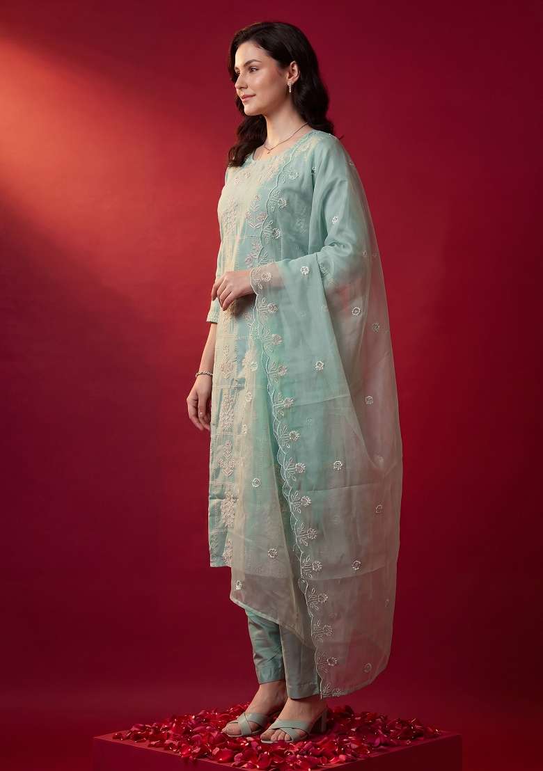 Sea Green Embroidery Silk Kurta Set - Indya