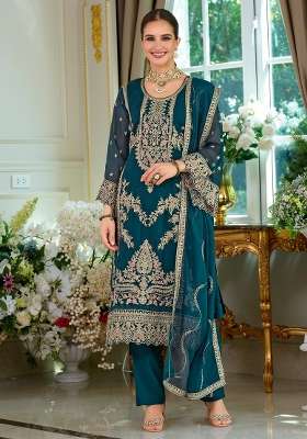 Teal Embroidery Organza Kurta Set