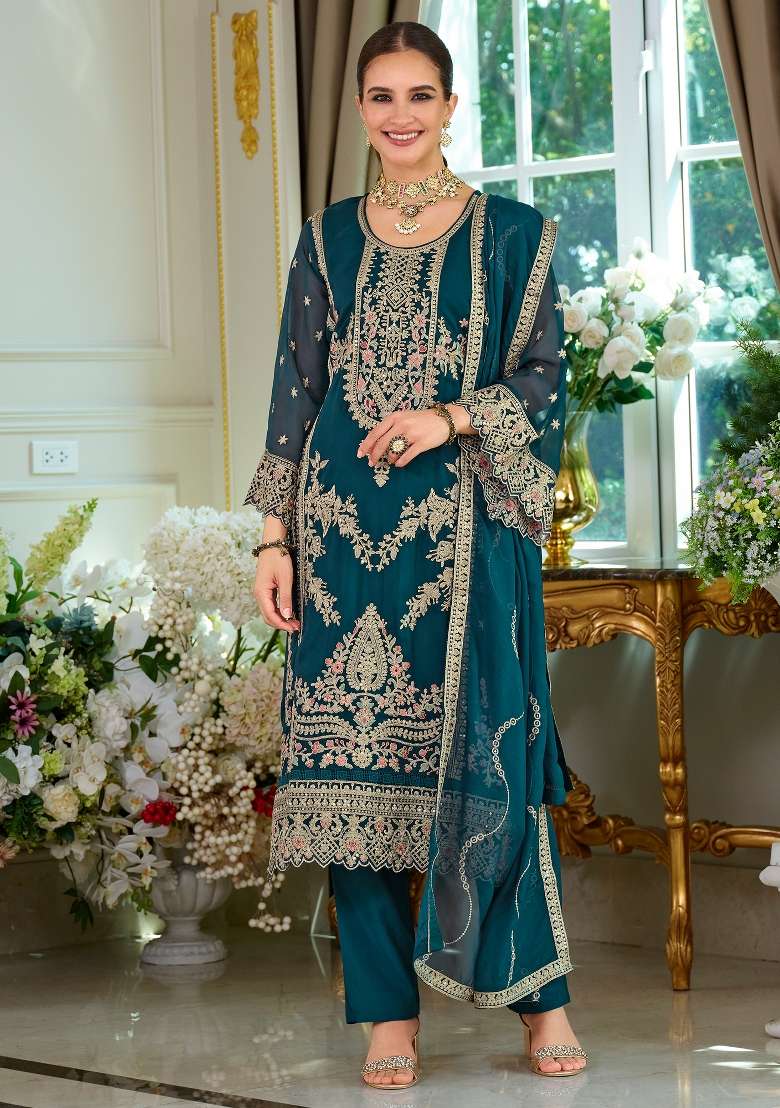 Teal Embroidery Organza Kurta Set - Indya