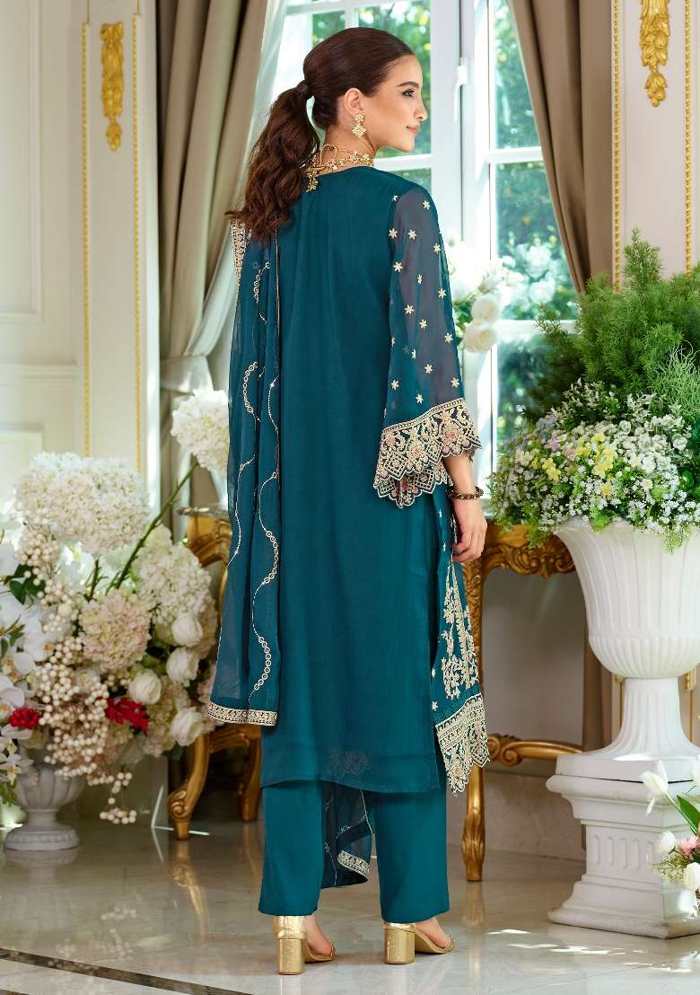 Teal Embroidery Organza Kurta Set - Indya