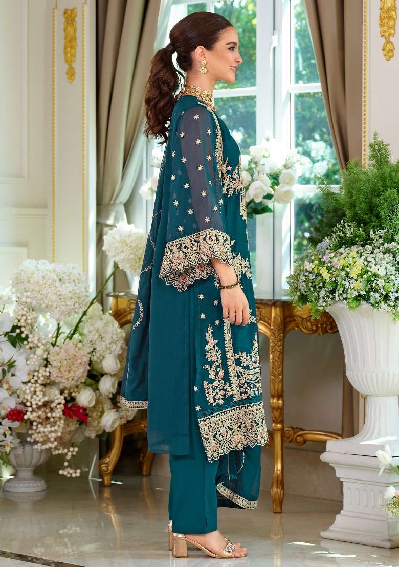 Teal Embroidery Organza Kurta Set - Indya