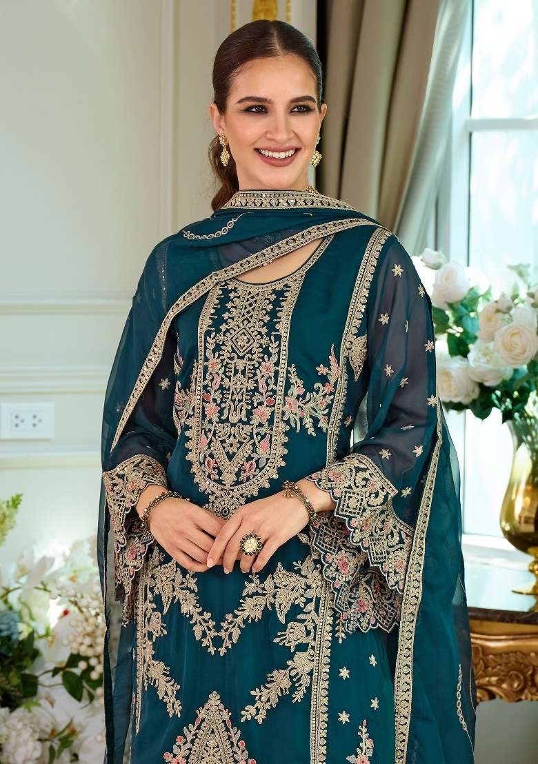 Teal Embroidery Organza Kurta Set - Indya