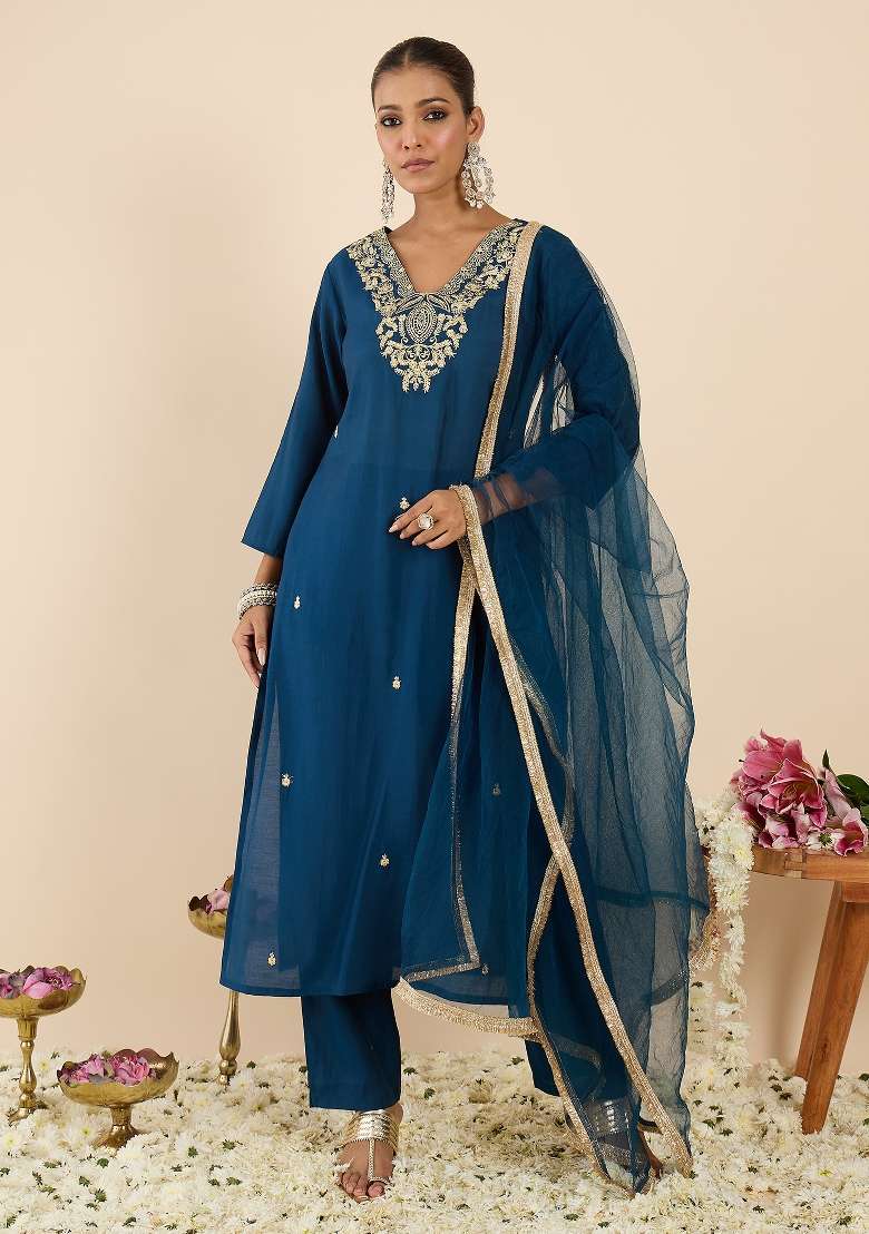 Teal Embroidery Silk Kurta Set - Indya