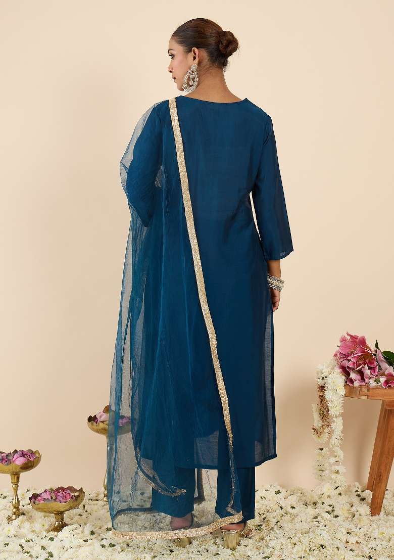 Teal Embroidery Silk Kurta Set - Indya