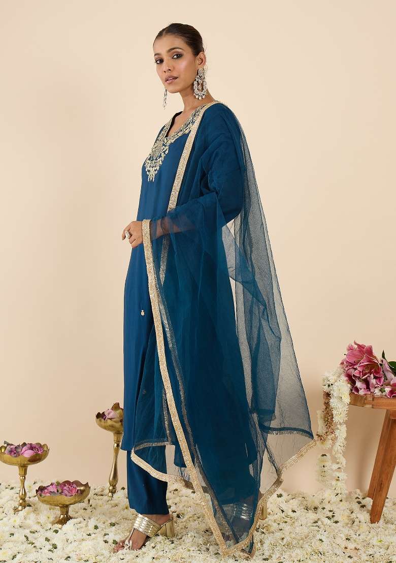 Teal Embroidery Silk Kurta Set - Indya