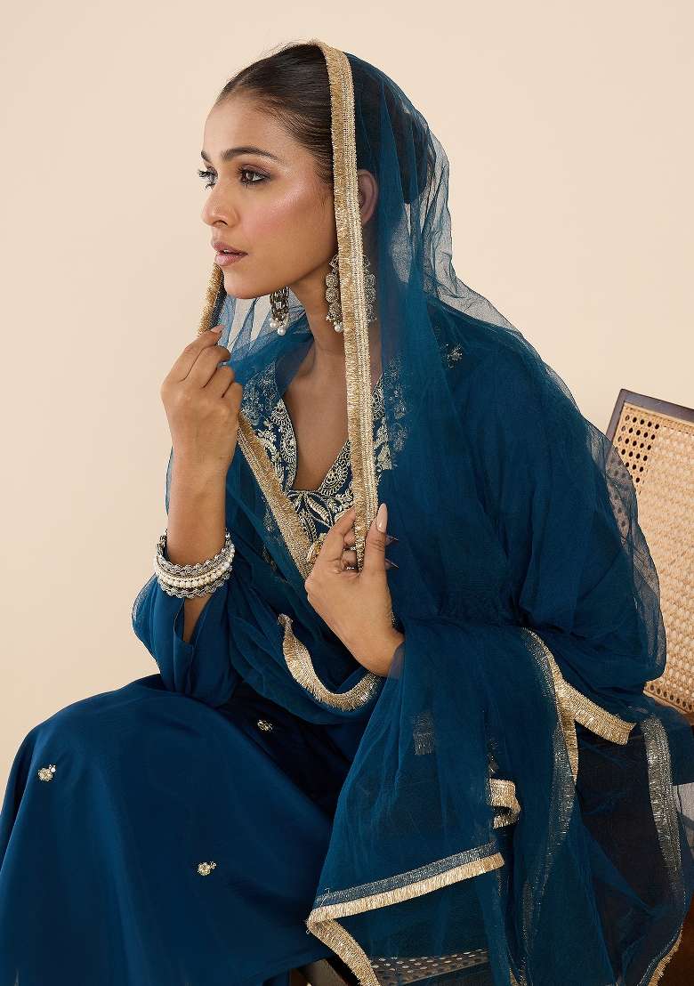 Teal Embroidery Silk Kurta Set - Indya