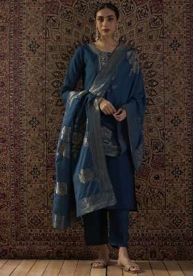 Teal Embroidery Silk Kurta Set