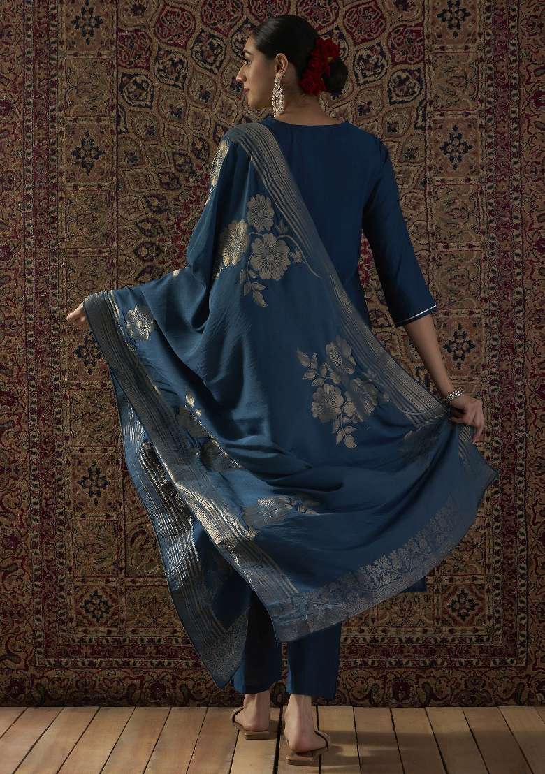 Teal Embroidery Silk Kurta Set - Indya