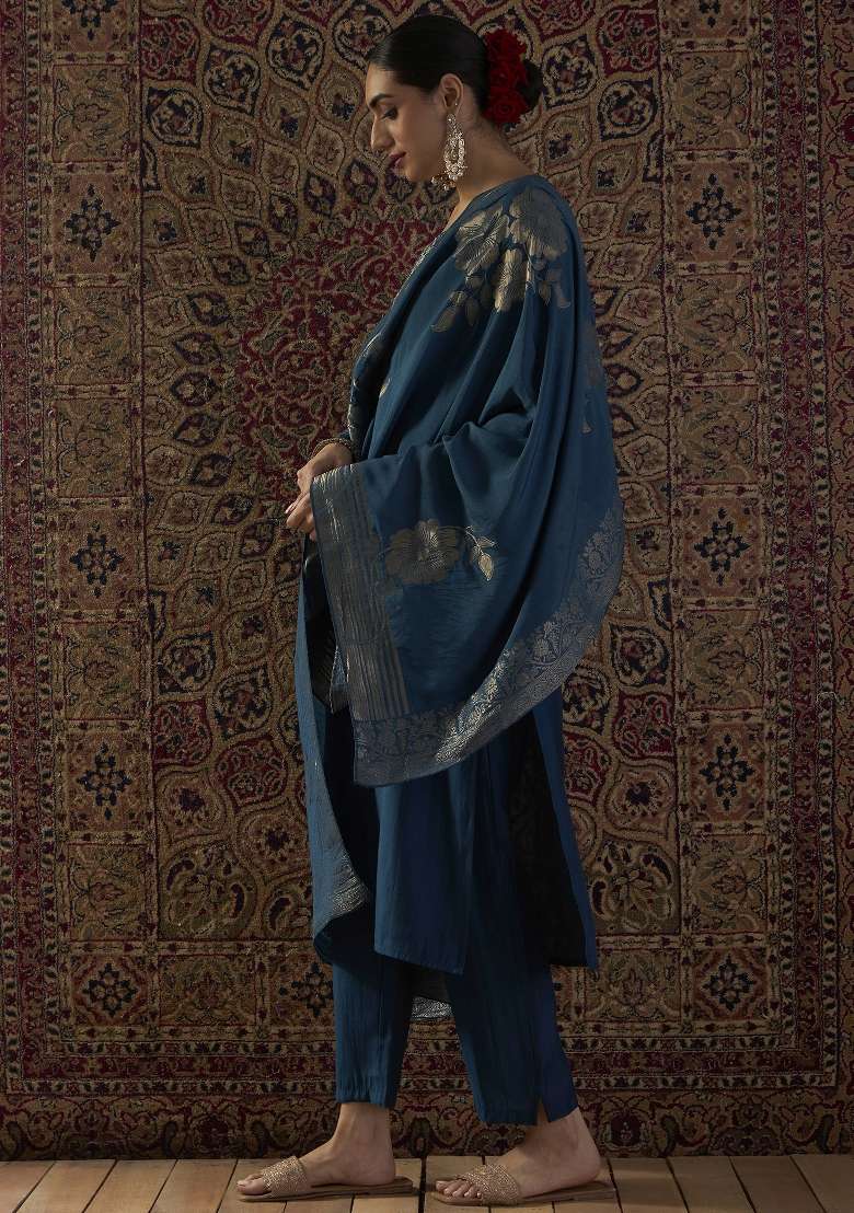 Teal Embroidery Silk Kurta Set - Indya