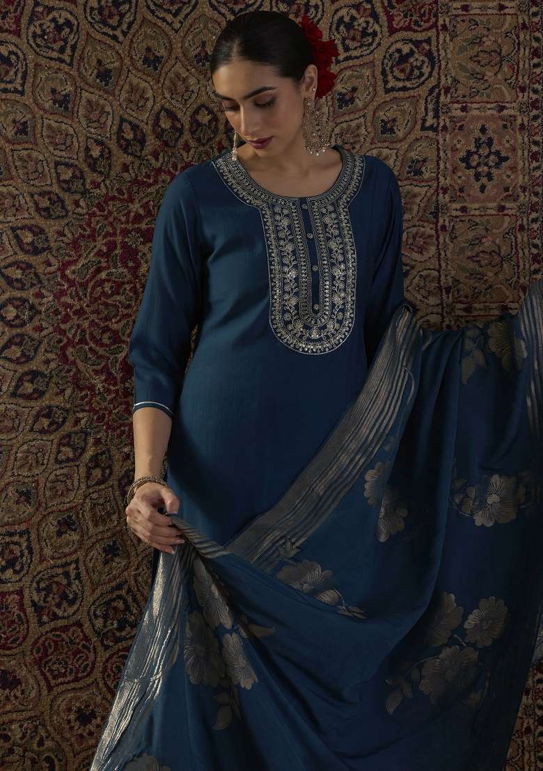 Teal Embroidery Silk Kurta Set - Indya