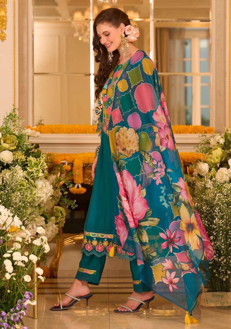 Teal Embroidery Silk Kurta Set - Indya