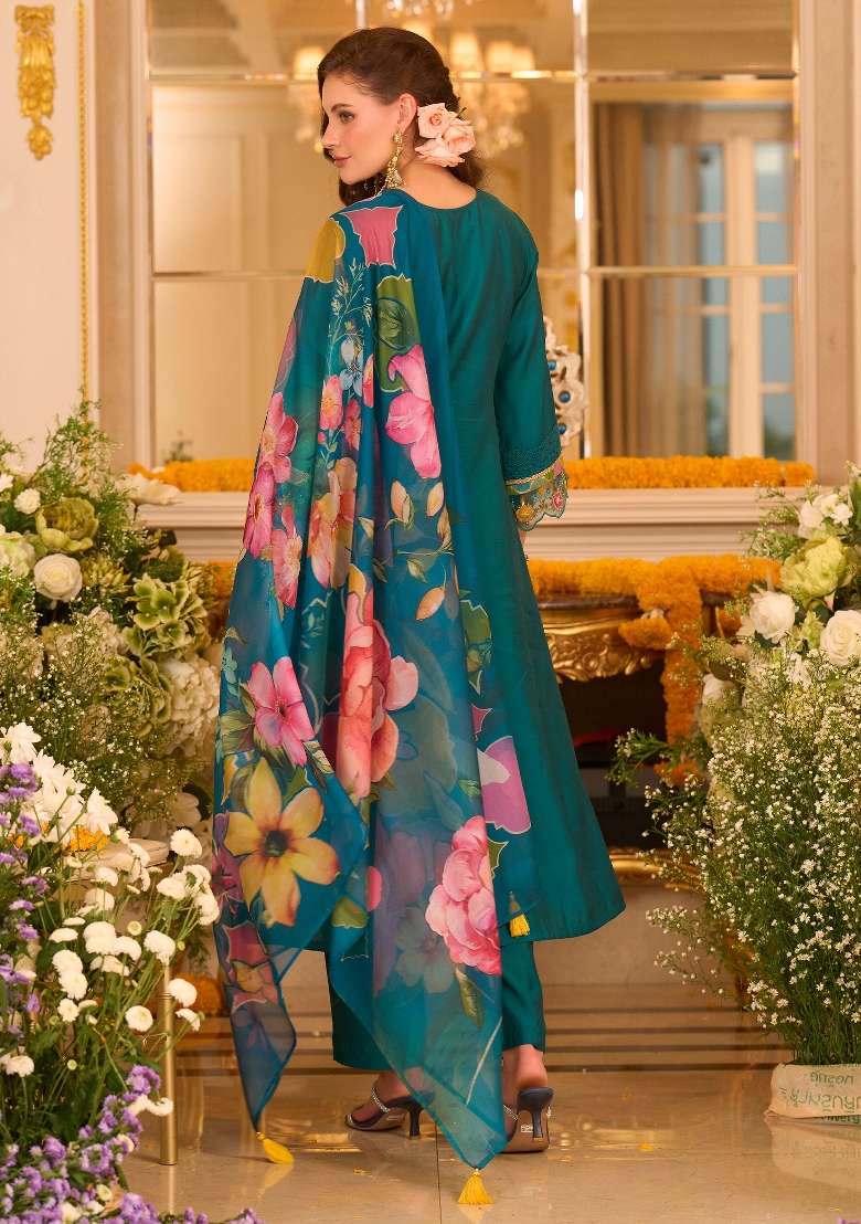 Teal Embroidery Silk Kurta Set - Indya