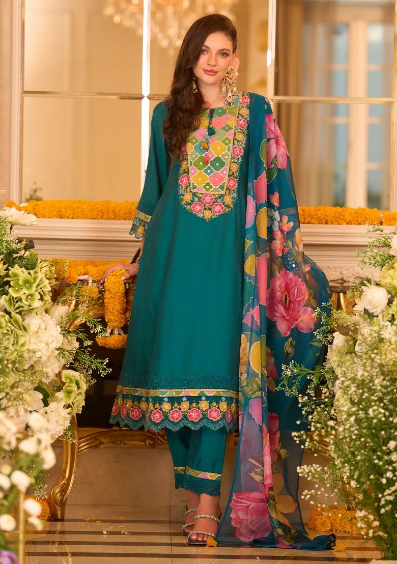 Teal Embroidery Silk Kurta Set - Indya
