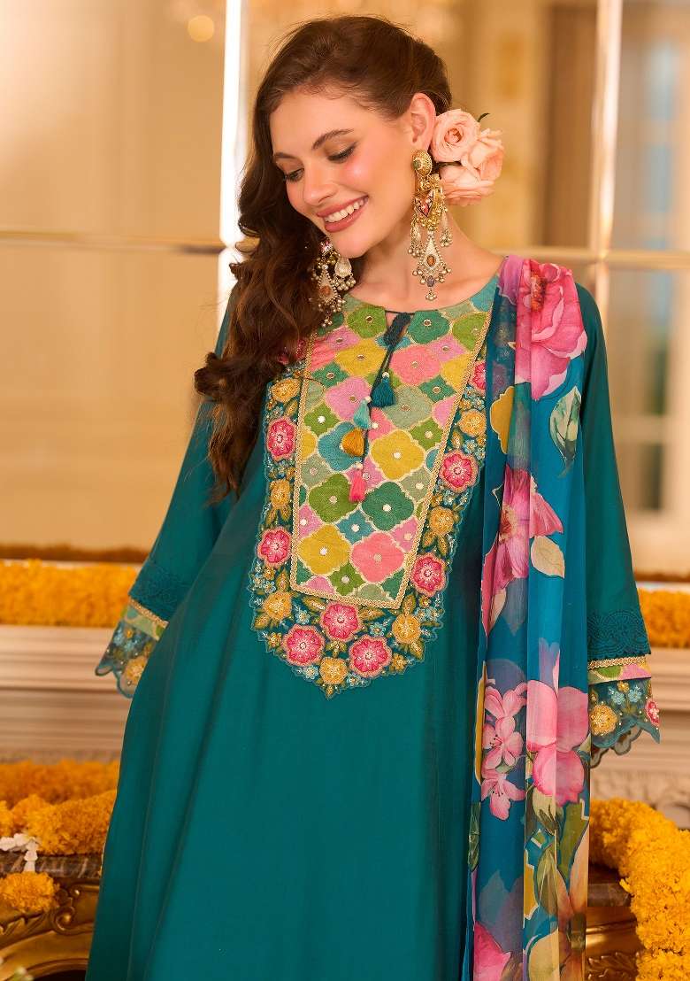 Teal Embroidery Silk Kurta Set - Indya