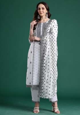 White Printed Silk Kurta Set